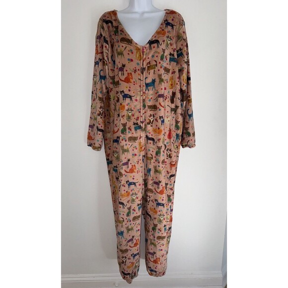 Natural Life Cats Print One Piece Jumpsuit Pink Multicolor Long Sleeve Women M - Picture 1 of 8